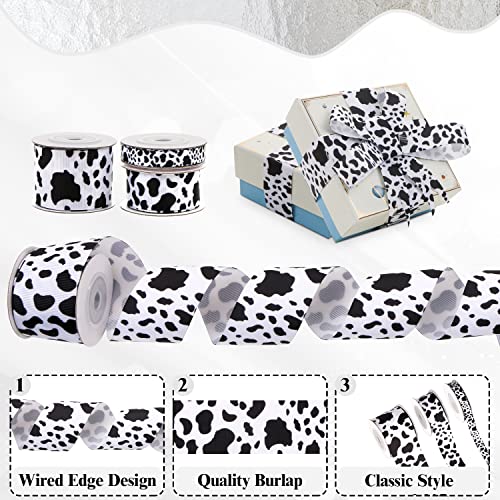 Cow Print Ribbon, BENBO 3 Rolls 15 Yards Cow Print Wired Edge Ribbon Cow Spot Pattern Burlap Wrapping Fabric Ribbon Animal Print Ribbon with Scissors for Wreaths, Wrapping, Crafting, Home Party
