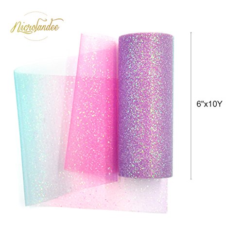 NICROLANDEE Rainbow Glitter Tulle Rolls 6 inch x 10 Yards (30 feet) Shimmer Color for Table Runner Chair Sash Bow Pet Tutu Skirt Sewing Crafting Fabric Wedding Baby Shower Birthday Ribbon