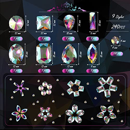 240 Pieces Large Sew on Rhinestones Clear Sew on Glass Crystal Gems Diamond Stone Metal Back Prong Setting Crafts Mix Shapes Claw Rhinestones for Jewelry, Clothes, Shoes, Costume (Clear AB Color)