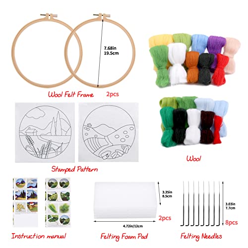 Needle Felting Kits Beginners, DIY Wool Needle Felting Starter Kit, Needle Felt Set with Picture Frame, Foam Pad, Felt Cloth and Instructions, Used for Home Decoration, Beginner, Art Craft(2 Sets)