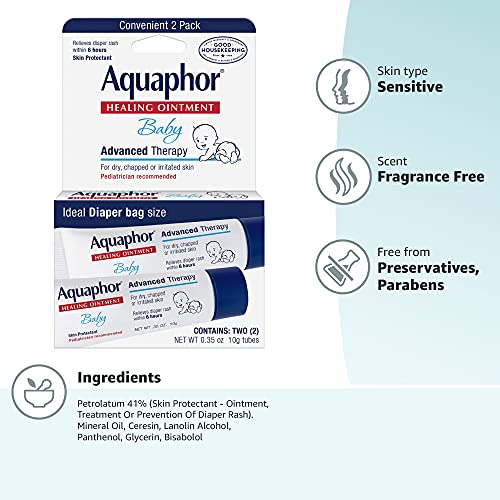 Aquaphor Baby Healing Ointment To-Go Pack - Advanced Therapy for Chapped Cheeks and Diaper Rash - Two .35 oz. Tubes