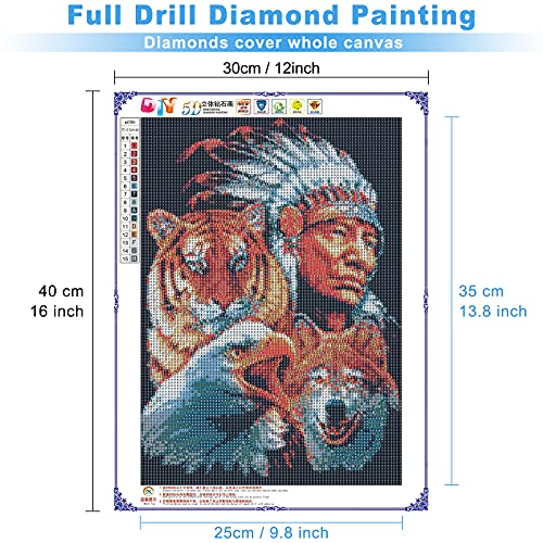 MXJSUA DIY 5D Diamond Painting Native American by Number Kits for Adults, Eagle Tiger Wolf Diamond Painting Kits Round Full Drill Diamond Art Kits Picture Arts Craft for Home Wall Art Decor 12x16 inch