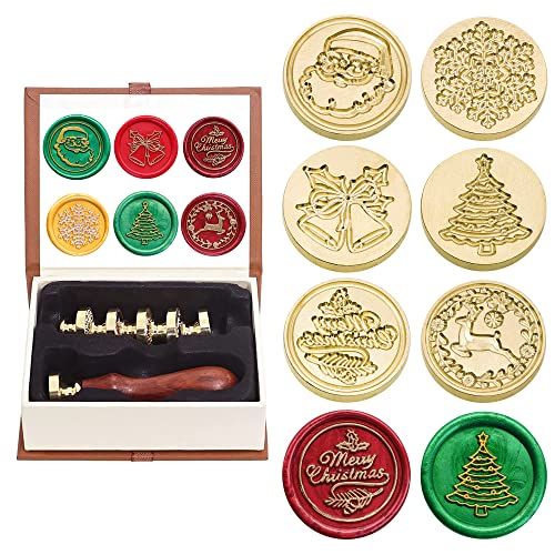 SWANGSA Wax Seal Stamp Set, Vintage 6 Pieces Christmas Sealing Wax Stamp Heads + 1 Wooden Handle Sealing Stamp Kit (Christmas Set)