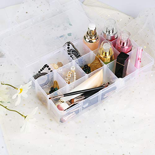 Umirokin 2 Pack 15 Grids Large Clear Plastic Organizer Box with Adjustment Dividers, Tackle Box Organizer, Compartment Organizer Containers for Bead Jewlery Rock Collection Washi Tapes Threads Screws.