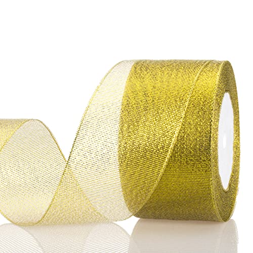 YASEO 2 Inches Gold Glitter Ribbon, 25 Yards Sparkly Metallic Fabric Ribbons for Gifts Wrapping Wedding Party Decoration and Crafts