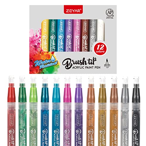 ZEYAR Acrylic Paint Pens, Brush Tip, Water based, Metallic Colors, Writes on Paper, Rock, Rubber, Ceramics, Wood, Glass and more (12 Metallic Colors)