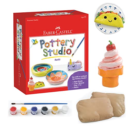 Faber-Castell Pottery Studio Refill Kit - 2 lbs. of Natural Air-Dry Pottery Clay, 6 Paint Pots and Paintbrush, Clay Making Kit for Kids
