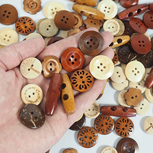 Assorted Wooden Buttons for Sewing Craft Project Clothing Art, Wood Toggle Button, Pack of 108 PCS