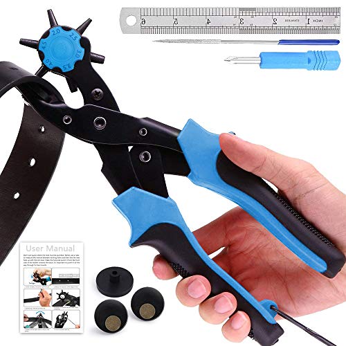 Leather Hole Punch, Belt Hole Puncher - Upgraded Version with Hole Size Dial, Premium Puncher for Belts, Watch Bands, Straps, Dog Collars, Saddles, Shoes, Fabric, DIY Home, Heavy Duty Rotary Punch Set