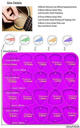 Szecl 20 Cavities Guitar Thumb Picks Casting Mold Guitar Picks Medium and Thin 5 Thickness 0.5mm, 0.75mm, 1.0mm, 1.2mm, 1.5mm DIY Plectrums Epoxy Resin Mold for Electric Guitar, Bass Guitars