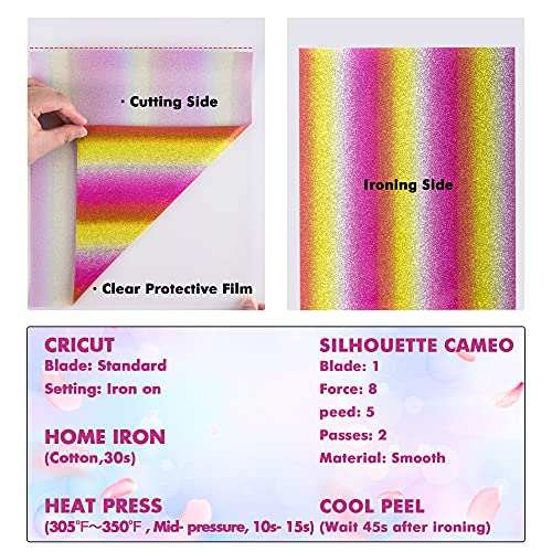 Heat Transfer Vinyl Rainbow Glitter Iron On Vinyl- 8 Pack 12" x 10" Cinco de Mayo PU HTV Vinyl Bundle for DIY T-Shirt Gifts, Easy to Cut and Weed by Cricut, Cameo Silhouette