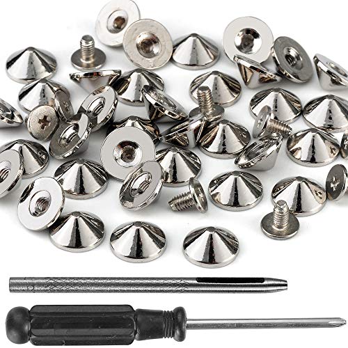 YORANYO 100 Sets Cone Spikes and Studs 4.7MM Height Silver Color 3/16" Bullet Spikes Screw Back Punk Studs and Spikes for Clothing Shoes Leather Craft Belts Bag Accessories with Installation Tools