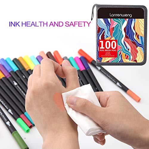 LANRENWENG 100 Colors Duo Tip Pens Art Markers Set, Fine Brush Tip Colored Pens Set with Canvas Bag,Markers Gift for Adult Coloring Books Drawing Sketching Bullet Journaling Calligraphy