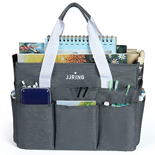 Jjring Craft Organizer Tote Bag, Large Art Storage Caddy with Multiple Pockets, Gray Sewing Bag for Art, Craft, Scrapbooking, School, Medical, and Office Supplies Storage