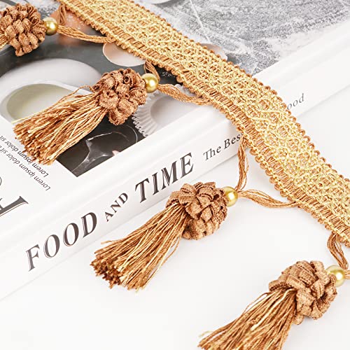 Trycooling 12.5 Yard European Style Beaded Hanging Ball Tassel Fringe Trim for Curtain Tablecloth Home Decoration (Light Brown)