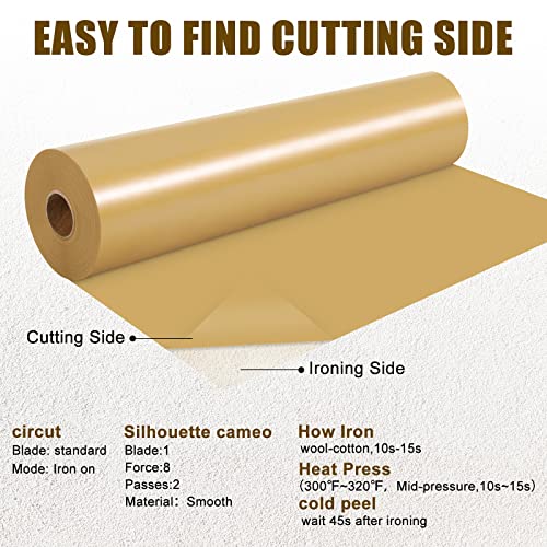 XSEINO Heat Transfer Vinyl, 12" x 50FT Golden HTV Vinyl Roll with Teflon for Shirts, Golden Iron on Vinyl Roll for Cricut & Cameo, Easy to Cut & Weed for Heat Transfer Vinyl Design (Golden)