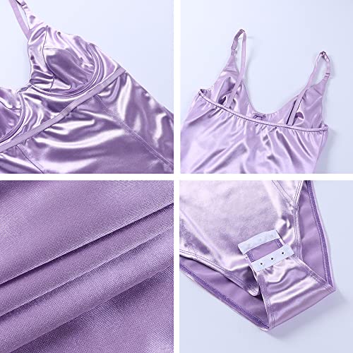 Velius Women's Sexy Deep V Neck Shiny Thong Bodysuit Tank Tops with Underwire (Taro Purple, Large)
