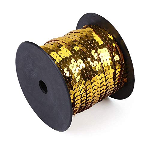 Aysekone 100 Yards 6mm Metallic Shiny Trim Sewing String Spangle Flat Round Sequins Sewing Paillette String in Roll for Wedding Craft（Gold）