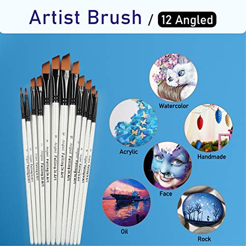 Falling in Art Paint Brushes Set, 12 PCS Nylon Professional Angled Paint Brushes for Watercolor, Oil Painting, Acrylic, Face Body Nail Art, Crafts, Rock Painting