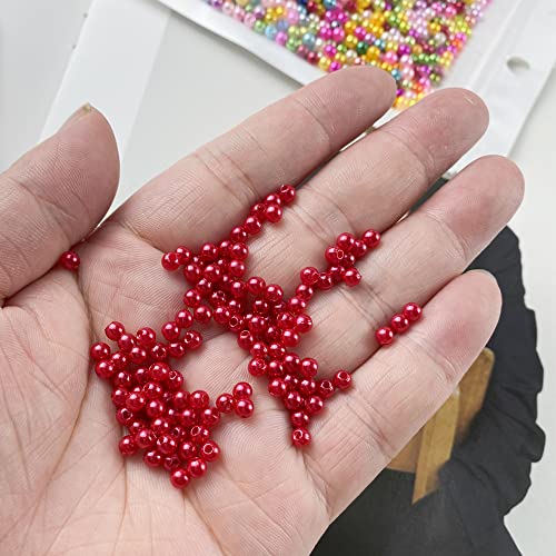 Pinhoollgo 2000pcs Red Pearl Beads 4mm Round Loose Pearl Beads with Hole for DIY Bracelet Necklace Jewelry Making Supplies Handmade Craft
