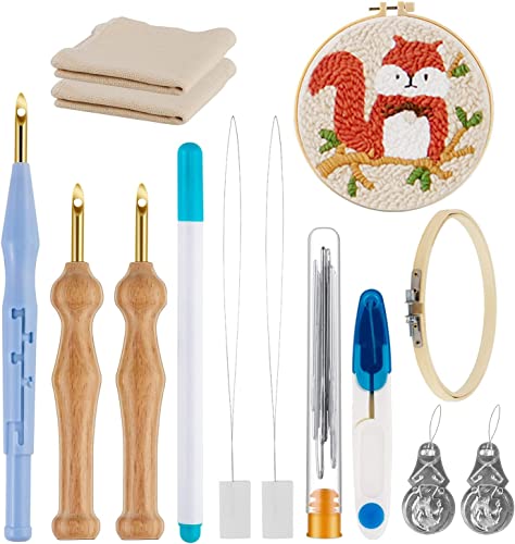 21PC Punch Needle Embroidery Kits Adjustable Punch Needle Tool, Wooden Handle Embroidery Pen, Bamboo Hoops, Punch Needle Cloth, Big Eye Needles, Needle Threaders, for Punch Needle Kits Adults Beginner