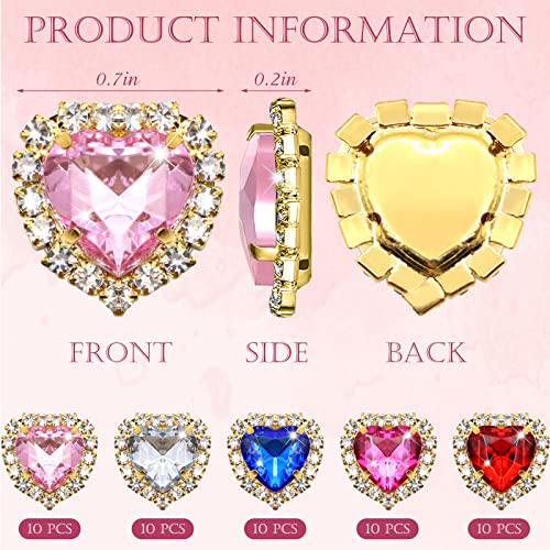 50 PCS Heart Rhinestone Buttons, ZYNERY 18mm Sewing Buttons Embellishments Decoration, 5 Colors Glass Heart Flat Back Rhinestones Nail Charms for DIY Clothing Crafting Jewelry Making (Gold Base)