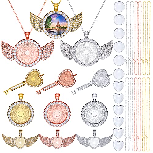 36 Pieces 25mm Rhinestone Pendant Set, 12 Pieces 3 Shape Rhinestone Wing Bezel Pendant Tray 12 Piece Clear Glass Cabochons 12 Pieces Lobster Clasp Link Necklace Chain for DIY Jewelry Craft