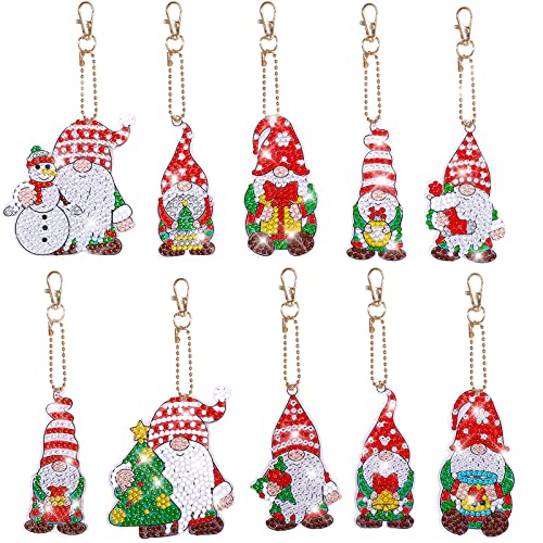 10 Pcs Christmas Gnomee Diamond Painting Keychains Kit Xmas Diamond Painting 5D DIY Christmas Snowman Santa Diamond Art Painting Keychain Rhinestone Painting Kit Gnome for Beginners Kid