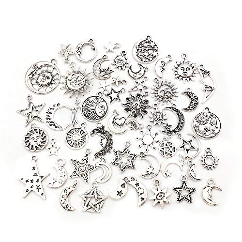 100 pcs Craft Supplies Mixed Antique Silver Sun Moon Stars Charms Pendants for Crafting Jewelry Findings Making Accessory for DIY Necklace Bracelet (M417)
