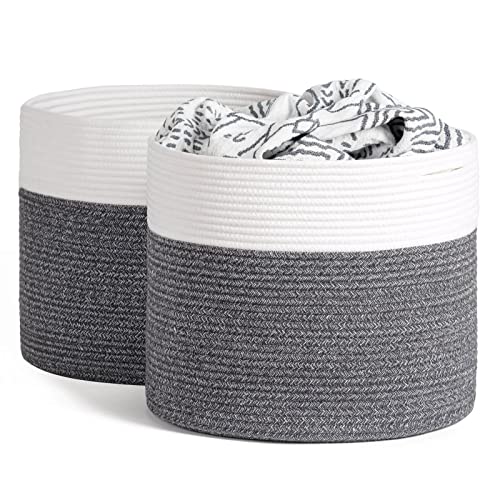 Goodpick 2pack Large Cotton Rope Towel Baskets Soft Baby Toy Basket Kids Laundry Hamper for Nursery Organizer Decorative Storage Basket Grey