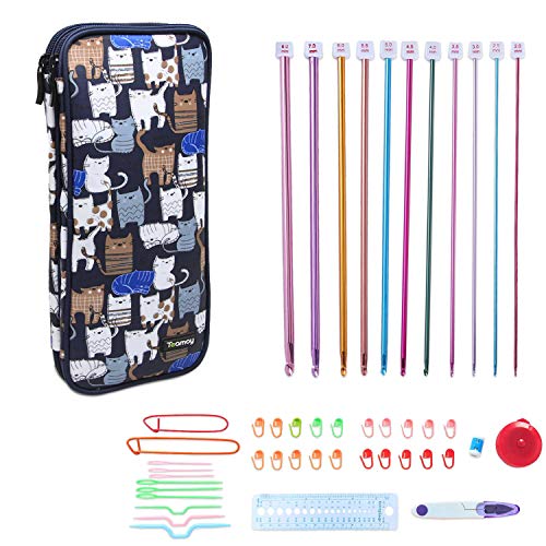 Teamoy Aluminum Tunisian Crochet Hooks Set, Afghan Kits with Case, 11pcs 2mm to 8mm Afghan Hooks and Accessories, Compact and Easy to Carry, Blue Cats