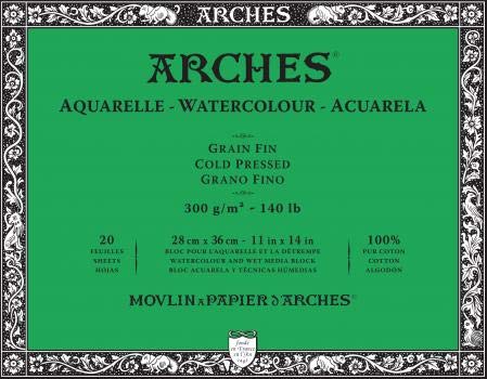 Arches Watercolor Block 11x14-inch Natural White 100% Cotton Paper - 20 Sheets of Arches Watercolor Paper 140 lb Cold Press - Arches Art Paper for Watercolor Gouache Ink Acrylic and More