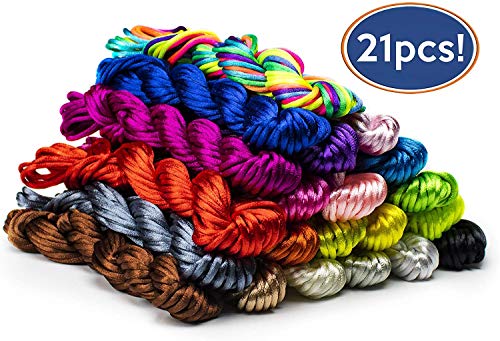 Bastex 2mm Nylon Satin Silk Cords with 21 Colors. Over 280 Yards. Rat Tail Cord Perfect for Jewelry Making, Necklace Beading, Macrame, Knotting, Bracelet Making, Dream Catchers and More