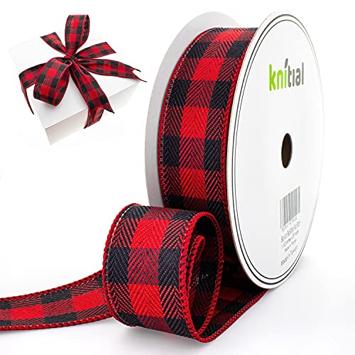 Knitial Wired Buffalo Plaid Ribbon 1-1/2 Inches x 25 Yards Red and Black Buffalo Check Ribbon for Gift Wrapping, Crafts, and Decorations