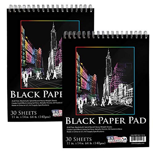 U.S. Art Supply 11" x 14" Premium Black Heavyweight Paper Sketch Pad, Pack of 2, 30 Sheets Each, 64lb (140gsm) - Spiral Bound Artist Drawing Paper - Colored Pencils, Gel Pens, Oil Pastels