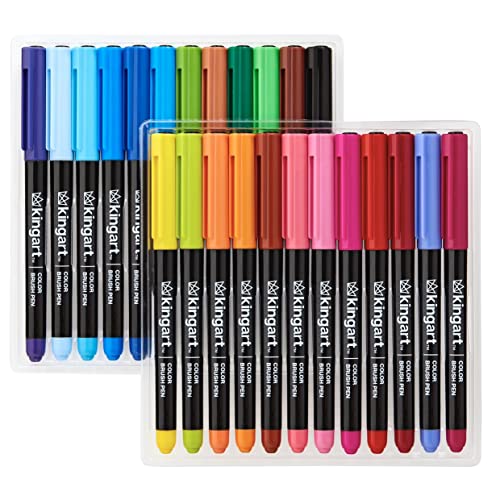 KINGART Pro, Water-Based Ink, Set of 24 Unique & Vivid Colors Brush Pens, Assorted 24 Piece
