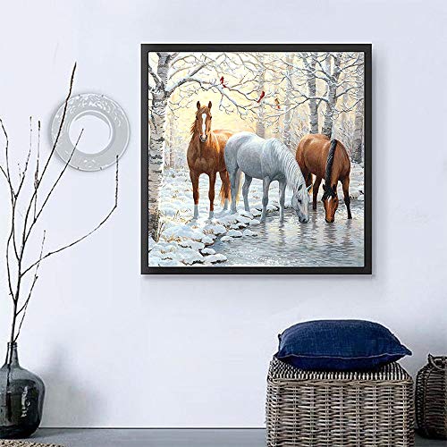 DIY 5D Diamond Painting Horse by Number Kits Winter Snow Paint with Diamond Art Animal Cross Stitch Full Drill Rhinestone Embroidery Pictures Arts Craft for Home Wall Decor Gift-12X12inch