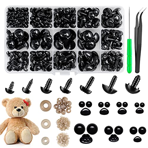 Safety Eyes and Noses, Plastic Craft Eyes and Teddy Bear Nose for Amigurumi with Washers，Crochet and Tweezers for Doll Making Supplies