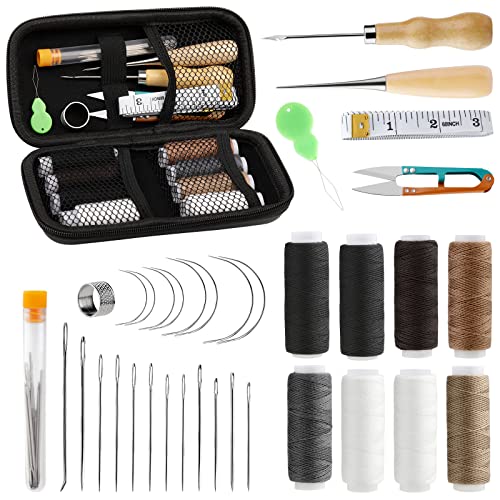 36 Pcs Leather Sewing Kit, Leather Working Tools, Leather Repair Kit with Large-Eye Stitching Needles, Upholstery Thread, Leather Upholstery Repair Kit Leather Sewing Tools for DIY Leather Craft