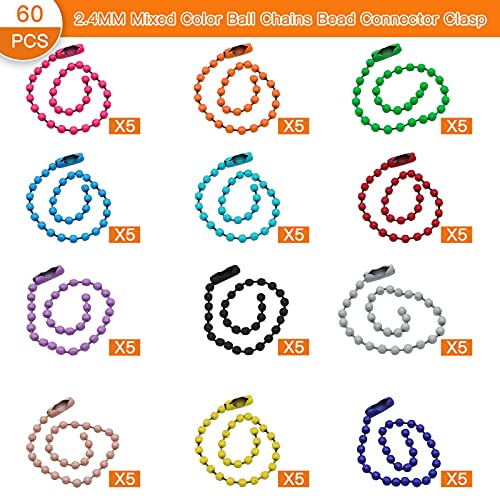 60Pcs Mixed Color Ball Chains Bead Connector Clasp,2.4 mm Nickel Plated Ball Chain Necklace Ball Bead Chain Extension Chains for Key Chains,Tags,Craft Projects,Dog Tag Ball Chain Jewelry Findings