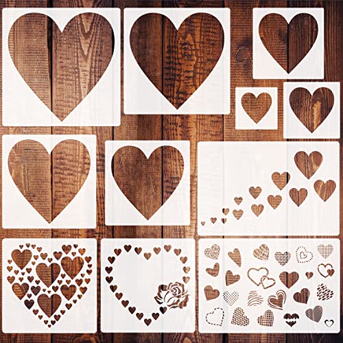 11 Pieces Heart Stencil, Reusable Heart Stencil Template Plastic Stencils for Painting on Wood Wall Home Decor DIY Crafts