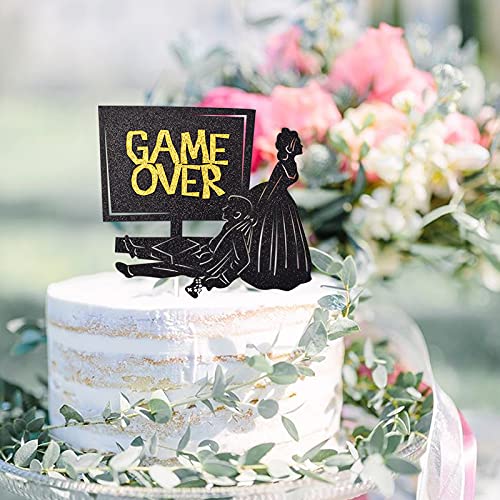 Game Over Cake Topper for Wedding Party Decorations, Funny Bride and Groom Cake Decor, Wedding Reception, Engagement Party Supplies (Double-sided Black Glitter)