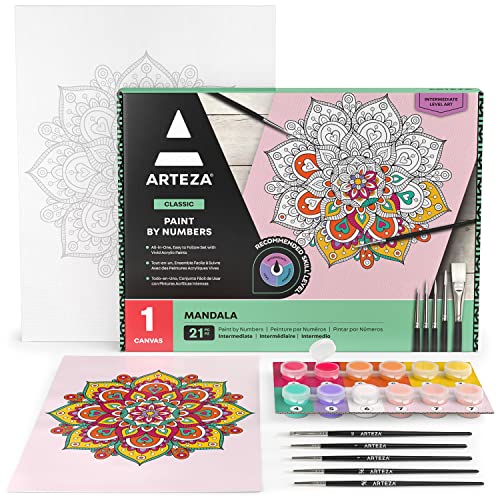 ARTEZA Paint by Number for Adults, 12x16 Inches, 21 Pieces, Mandala Paint by Numbers Kit, Comes with 1 Canvas Panel, 12 Acrylic Paint Pots, 5 Paintbrushes, Art Supplies for Home & Office Wall Decor