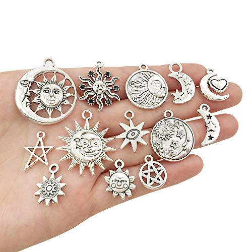 100 pcs Craft Supplies Mixed Antique Silver Sun Moon Stars Charms Pendants for Crafting Jewelry Findings Making Accessory for DIY Necklace Bracelet (M417)