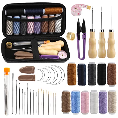 45 Pcs Upholstery Repair Kit, Leather Sewing Kit with 11 Colors of Sewing Thread, Upholstery Needles, Awl, Tape Measure, Leather Sewing Upholstery Repair Kit for Leather Craft DIY