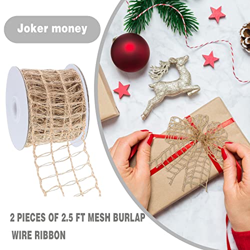 2 Rolls Mesh Burlap Wired Ribbon Open Weave Burlap Net Ribbon Fabric Ribbon DIY Craft Ribbon for Wrapping Bow Wreath DIY Crafts Party Home Decors (3 Square Grids, 20 Yards x 2.5 Inch)