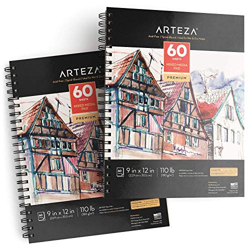 Arteza Mixed Media Sketchbooks, Pack of 2, 9 x 12 Inches, 60-Sheet Drawing Pads, 110lb/180gsm Acid-Free Paper, Micro-Perforated, Spiral-Bound, Art Supplies for Wet and Dry Media