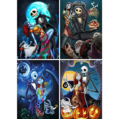 4 Pack 5D Full Drill Diamond Painting Kit, UNIME DIY Diamond Rhinestone Painting Kits for Adults and Beginner Embroidery Arts Craft Home Decor, 16 X 12 Inch (Halloween Jack Skull)