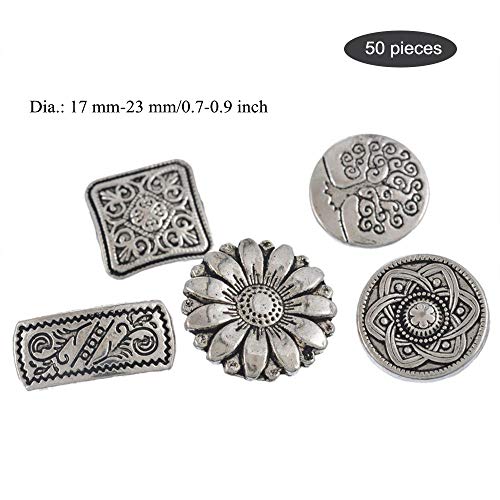 EORTA 50 Pieces Antique Metal Buttons with Shank Round/Square/Flower Shaped Decorative Button for Sewing, Crafting, Scrapbooking, Jeans, Coats, Antique Silver
