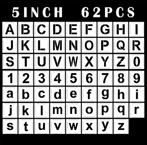 5 Inch Large Letter Stencils and Number Stencils for Painting on Wood 62Pcs, Alphabet Art Craft Stencils,Reusable Plastic Stencils for Wood Signs, Wall, Fabric, Chalkboard, Signage,DIY School Projects